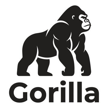 Side view of a standing gorilla with the word Gorilla written below  strong animal icon