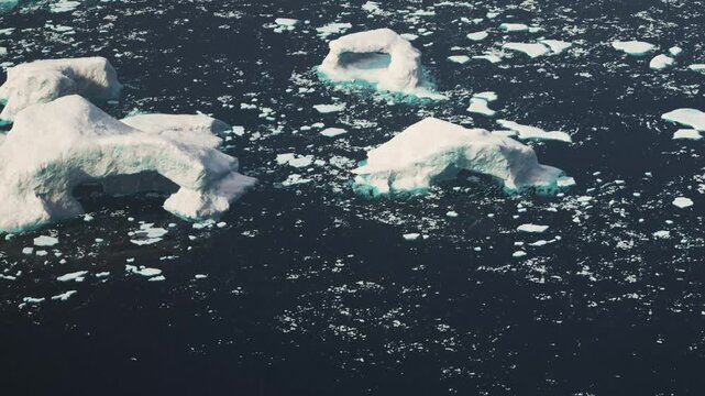 Icebergs drift in the ocean. The water is dark and some smaller bits of ice surround the larger formations. The sun shines brightly in the sky, showing the ice structures clearly.