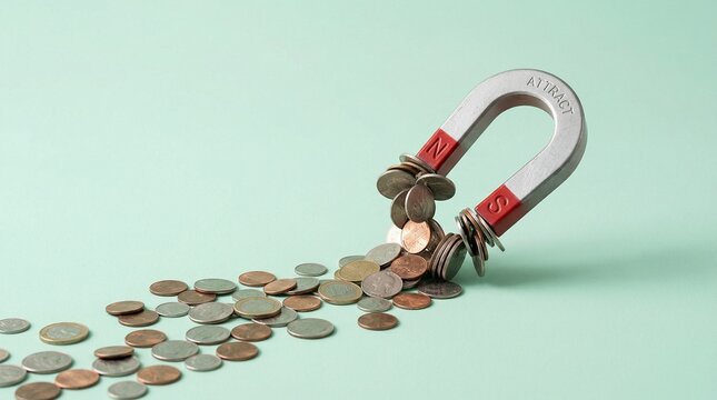 Red horseshoe magnet pulling a gold coin on green background representing portable wealth and business success magnetism