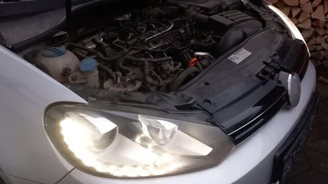 Steady Engine Idle with Alternating Headlight Clicks and Beam Shifts_Close-up on Uncovered Engine Bay with Headlights Visible