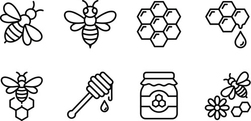 Honey and Honeybee Line Icon Set with Honeycomb Jar and Dipper Symbols for Organic Product Branding and Vector Packaging Designs © Taijul