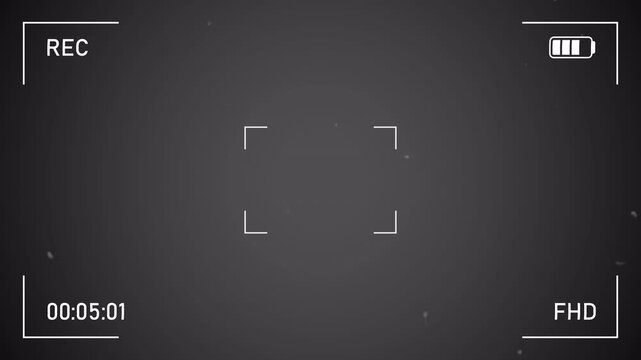 Cinematic camera recording overlay with floating dust particles, subtle and flicker. Vintage camcorder recording HUD with blinking record indicator, animated timecode, autofocus frame