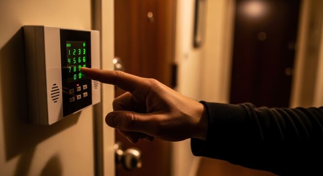 Human hand entering a security code on a numerical keypad indoors