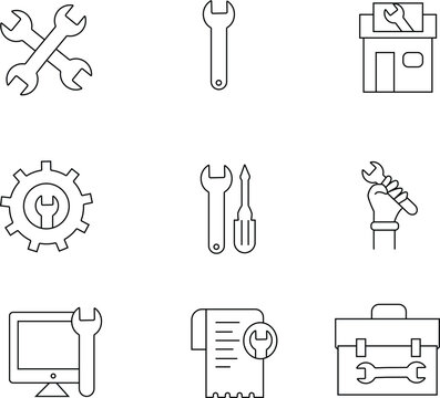 Mechanical repair tools and garage service workshop line icons set toolbox vector symbols bundle
