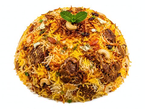 Traditional indian biryani rice dish garnished with cashews and mint aromatic traditional