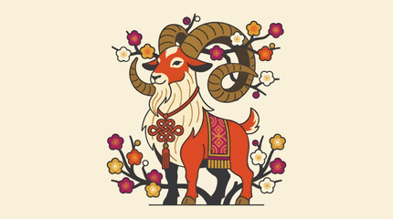 Naklejka premium Flat Vector Illustration of a Majestic Goat Character with Large Curled Horns, Wearing a Decorative Harness and Knot Pendant, Surrounded by Blooming Plum Branches with Flowers, on a Cream Background