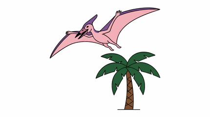 Flat Vector Illustration of a Pink Pterodactyl Flying Above a Green Palm Tree, Simple Cartoon Style with Bold Outlines and White Background, Prehistoric Creature and Tropical Plant Graphic © Ari