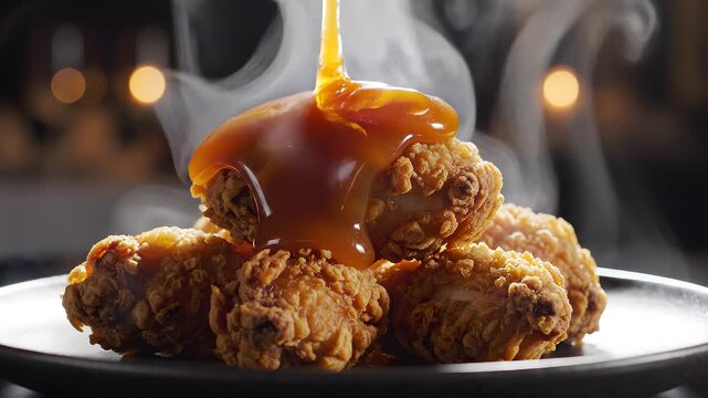Close up of glossy glaze pour over hot golden brown fried chicken
