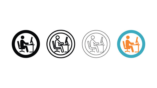Four icons of people sitting at a desk with a computer terminal  office work concept