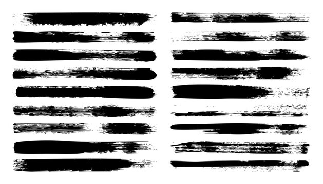 Long grunge brush strokes, lines, ink smudges, hand-drawn scribble shapes. Handmade sketchy marks, stains, charcoal streaks. Paint textures, dry brush effect. Marker underline. Vector illustration