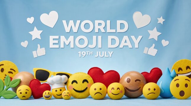 Emoji day text with 19th july date surrounded by yellow smiley faces red hearts and various on a light blue fabric background