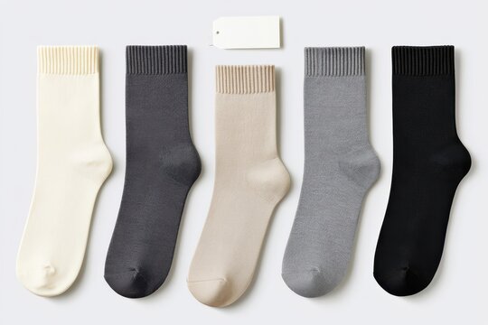 Neutral socks flat lay product mockup with ribbed cuffs in beige gray cream and black for catalog