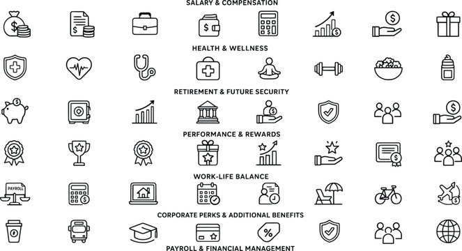 Black line icons for business benefits and employee welfare programs  human resources concepts