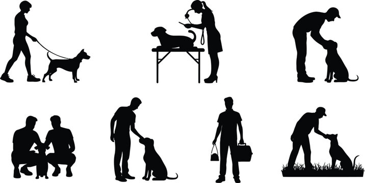 Silhouette people interacting with dogs in various activities including walking, training, petting, veterinary care, companionship, and obedience practice