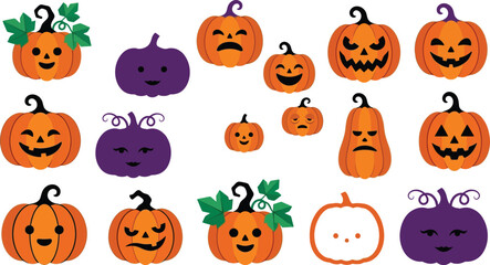 Fototapeta premium Set of cute and spooky halloween pumpkin icons with various funny faces and different expressions