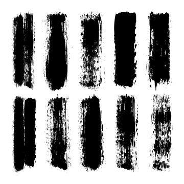 Long grunge brush strokes, lines, ink smudges, hand-drawn scribble shapes. Handmade sketchy marks, stains, charcoal streaks. Paint textures, dry brush effect. Marker underline. Vector illustration