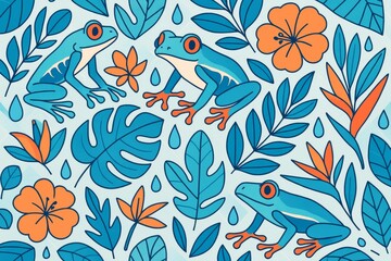 Fototapeta premium Colorful tree frogs and tropical leaves on light background in abstract graphic style with orange flowers and water droplets scattered throughout. Ai generative