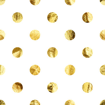 Gold foil seamless texture, shiny handmade circles. Golden glittering pattern. Shining hand drawn background. Wedding, greeting card decoration elements. Modern minimalist art. Vector illustration