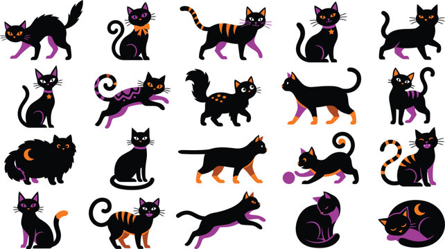 Halloween cat icons, black cats, orange purple accents, 20 vector graphics