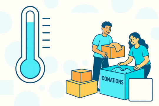 Cartoon style donation concept with people sorting clothes into a box and thermometer progress indicator on clean light background for presentation use. Ai generative