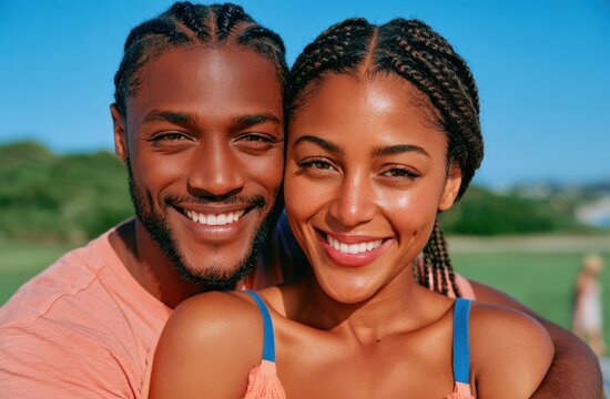 Young smiling couple in a bright outdoor summer portrait enjoying time together
