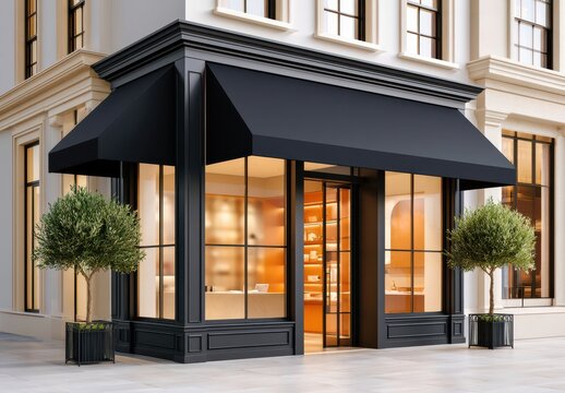 Modern black awning storefront with glass windows and elegant retail entrance on a city street
