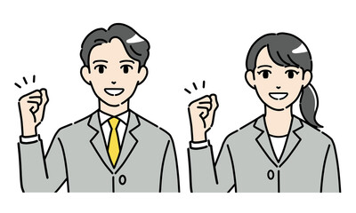Fototapeta premium 笑顔でガッツポーズをするスーツを着た若い男女のイラストセット 正面