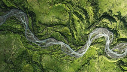 Obraz premium Aerial view of a winding river flowing through a lush green valley with landscape meandering environment wilderness outdoors geography grassland serpentine countryside conservation watershed
