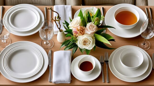 Elegant restaurant table setting with white plates, floral centerpiece and tea cups in overhead flat lay