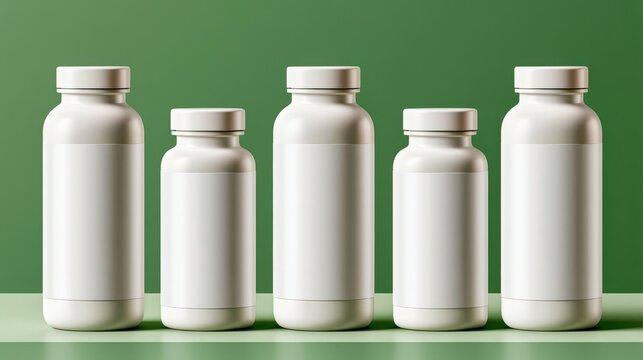 Clean supplement bottle mockup with five white product packaging display on green background