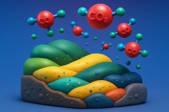 Colorful stylized terrain with CO2 and CO molecules floating above, symbolizing carbon emissions in an abstract environmental concept scene. Ai generative