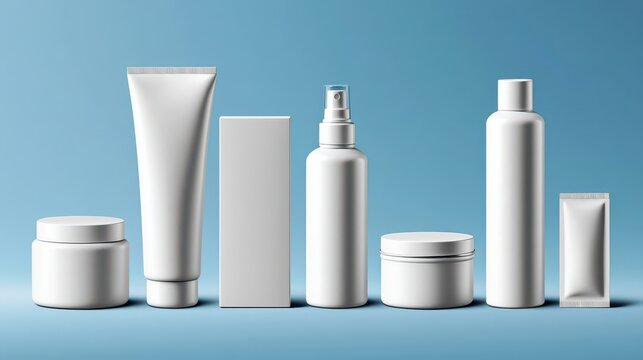 White cosmetic packaging mockup set on blue background for skincare and beauty branding