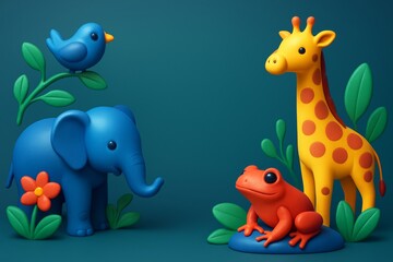 Fototapeta premium Cute jungle animals including elephant, giraffe, frog, and bird in playful clay style on blue abstract background with green leaves and flower. Ai generative