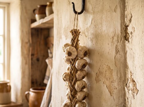 A traditional hand-braided string of dried garlic bulbs