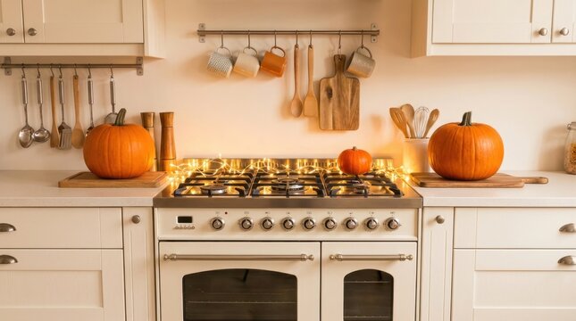 Cozy kitchen scene with pumpkins, stove, and wooden utensils, perfect for autumn.