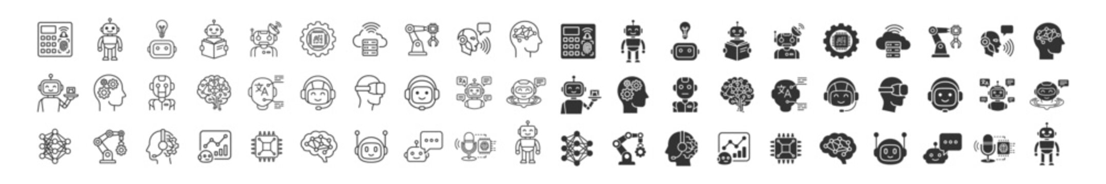 collection of artificial intelligence icons vector set for technology, automation, robotics, virtual reality, and data analysis on transparent background
