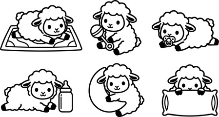 Obraz premium Black and white baby lambs with baby bottle rattle pacifier moon and pillow