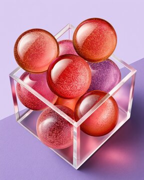 Abstract glass spheres in a transparent cube with red and purple glossy composition
