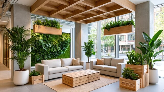 Biophilic modern office lounge with living moss wall, sofas and abundant indoor plants