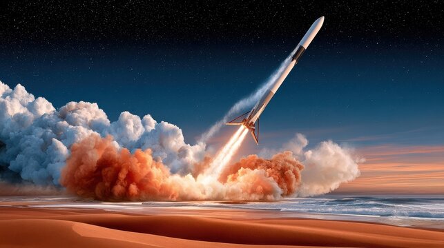 Booster rocket returning for vertical landing above desert beach with legs deploying fiery plume