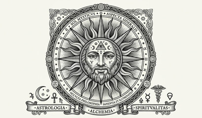 Naklejka premium Vintage Engraving Sun Esoteric Occult Vector Illustration