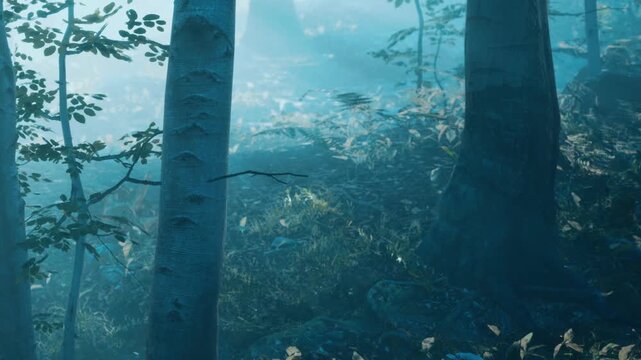 A forest scene shows tall trees with sunlight breaking through the leaves. The ground is covered with leaves and soft moss. Early morning light creates a bright atmosphere in the woods.