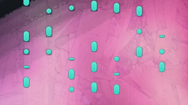 Abstract background with moving teal capsule shapes on pink surface