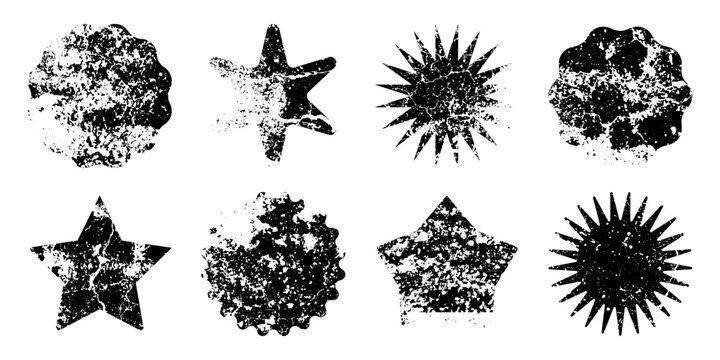 Grunge badges, distressed starburst labels, textured sale tags set. Collection of rough vintage shapes with ink splatter and scratched edges for stickers, branding and promotions. Vector illustration