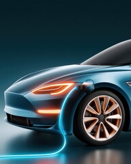 Naklejka premium Electric car charging close-up with glowing plug and futuristic blue EV at night