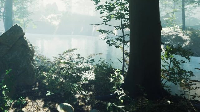 Sunlight filters through the trees in a forest. A calm water body is seen among plants and mushrooms. The area is lush and green, showing the beauty of nature in the daytime.