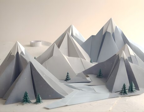 Minimalist Paper Craft Mountain Landscape &ndash; Low Poly Winter Nature Background