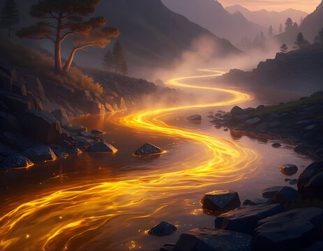 Glowing Golden River Flowing Through Mountain Valley at Sunset, Fantasy Nature Landscape
