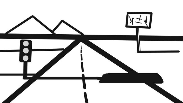 A schematic road landscape with a crossroads on the highway. The traffic light flashes in the standard pattern, from red to green.