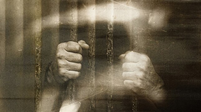 Clenched fists gripping metal prison bars representing captivity and despair in a gritty vintage style